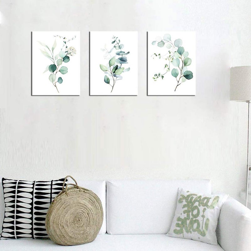 NINEASO Green Leaf Wall Art - Eucalyptus Canvas Pictures, Watercolor Modern Bohemia Botanical Artwork, Contemporary Minimalism Canvas Art Prints for Bedroom Living Room Wall Decor, 12" x - Image 2
